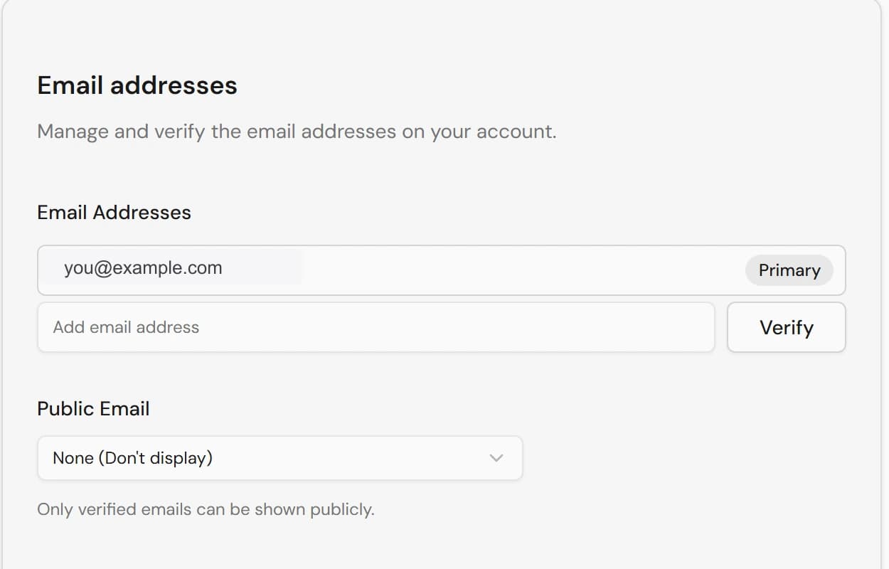 Email addresses card showing a primary address, an Add email field with Verify, and a Public email dropdown.