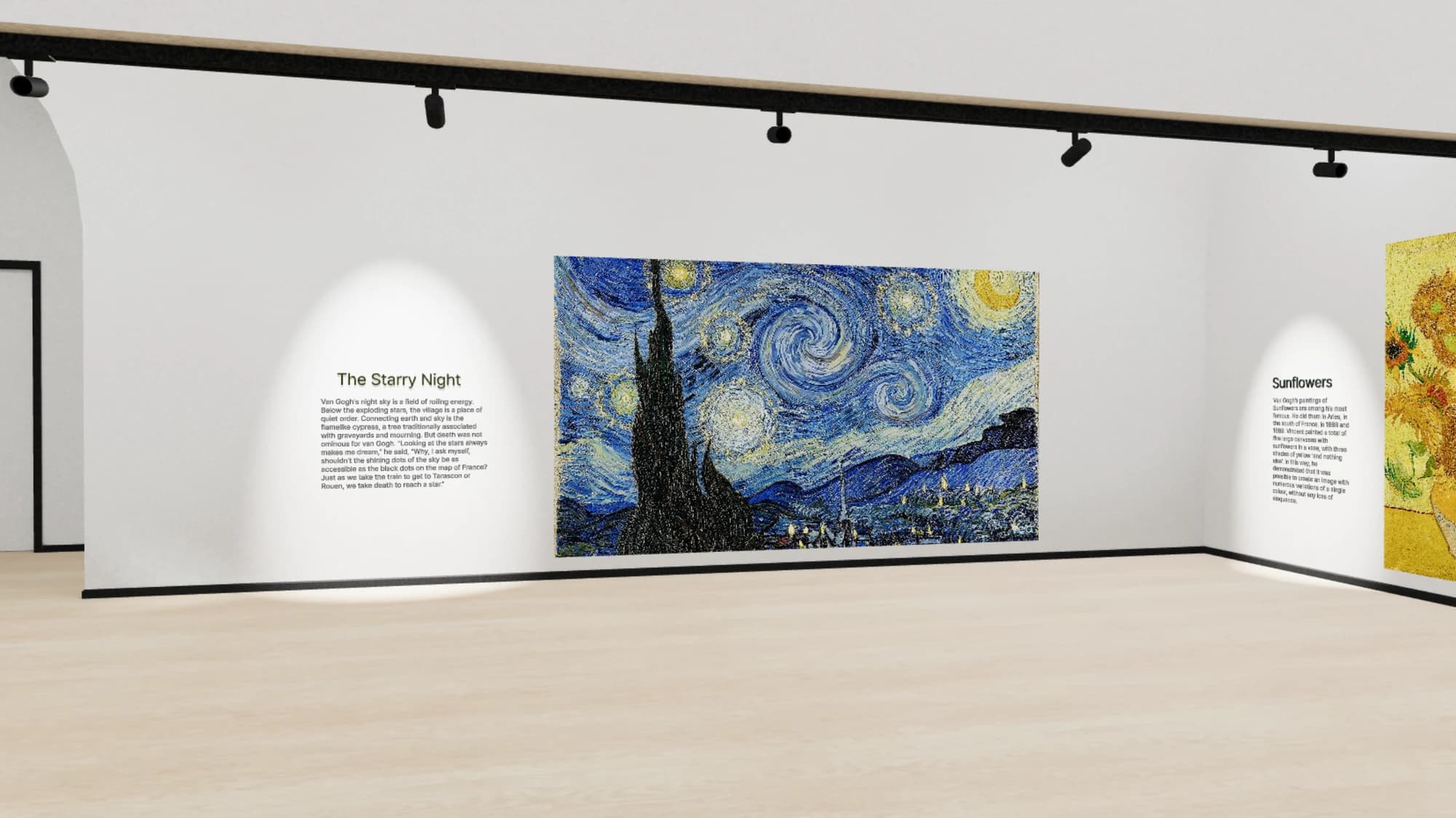 A 3D gallery room with paintings on the walls under track lighting, viewed inside the ArtSpace browser viewer.
