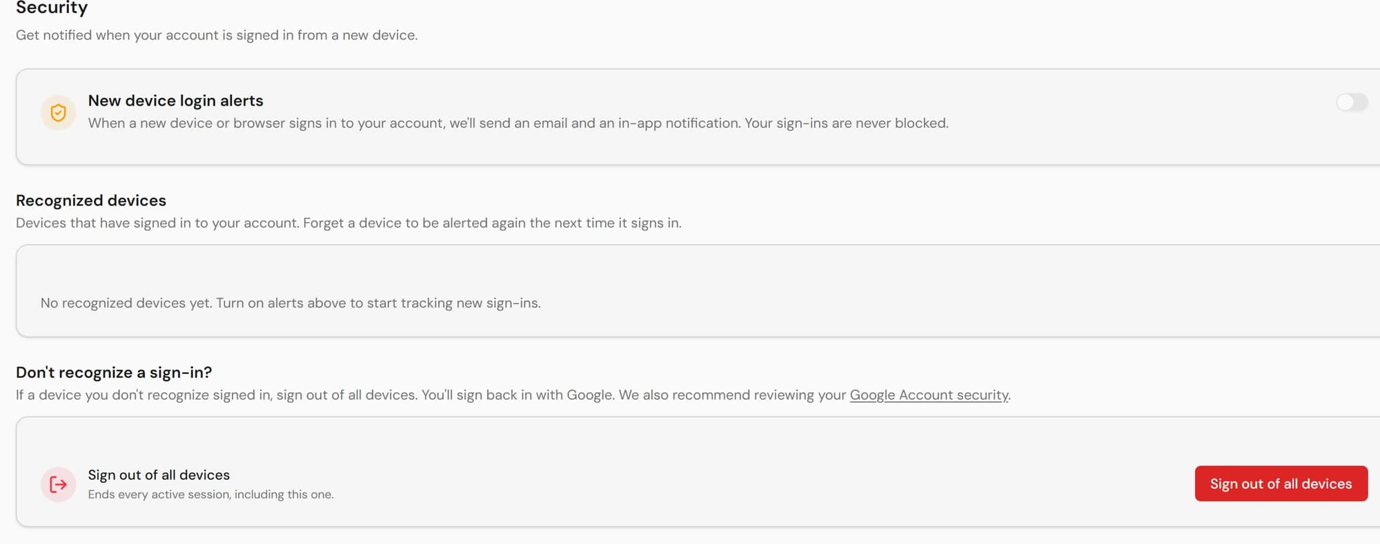 Security settings with a new-device login alerts toggle, a recognized devices list, and a Sign out of all devices button.