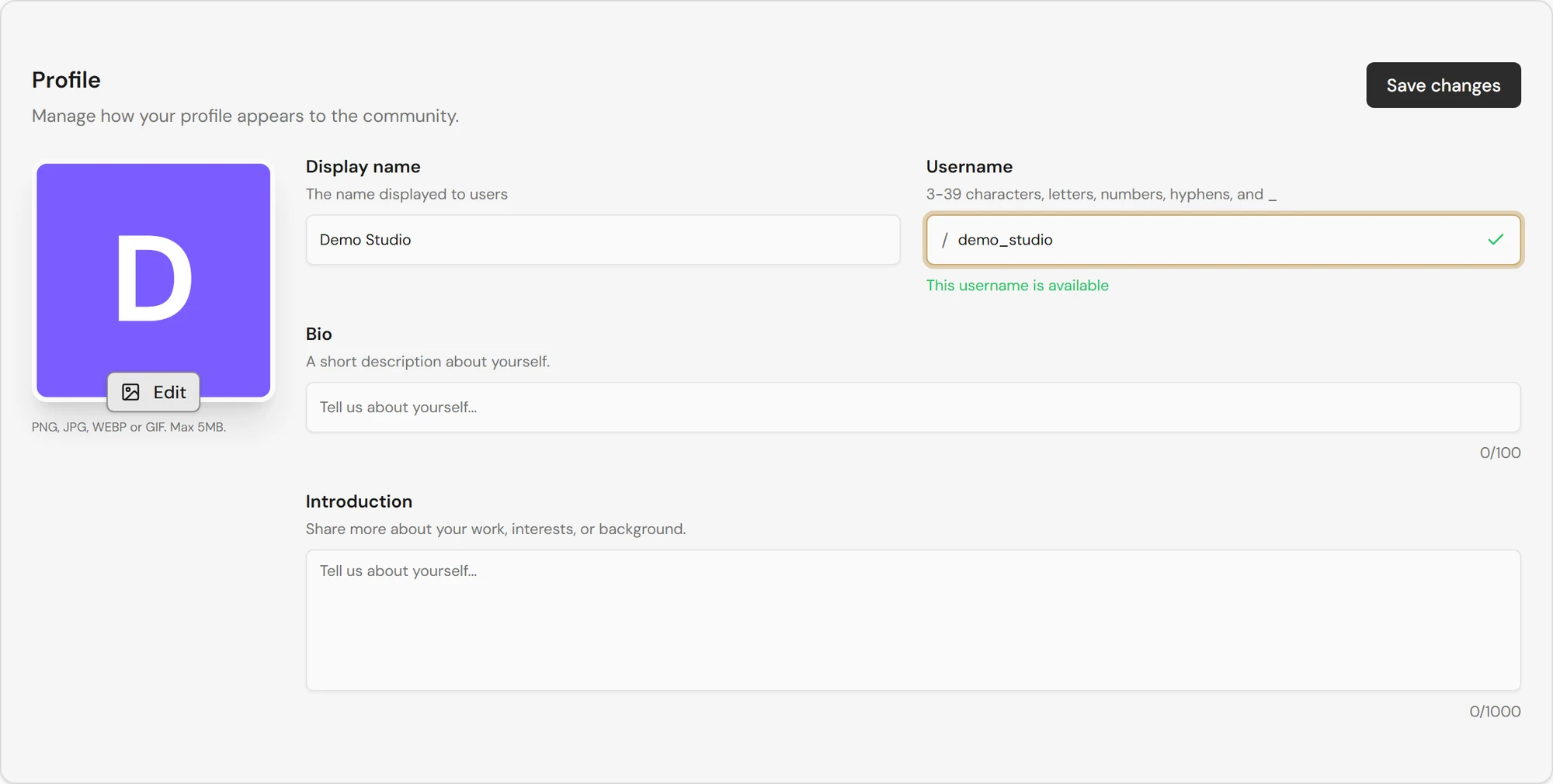 Profile settings card with avatar, Display name, Username, Bio, and Introduction fields and a Save changes button (demo data).