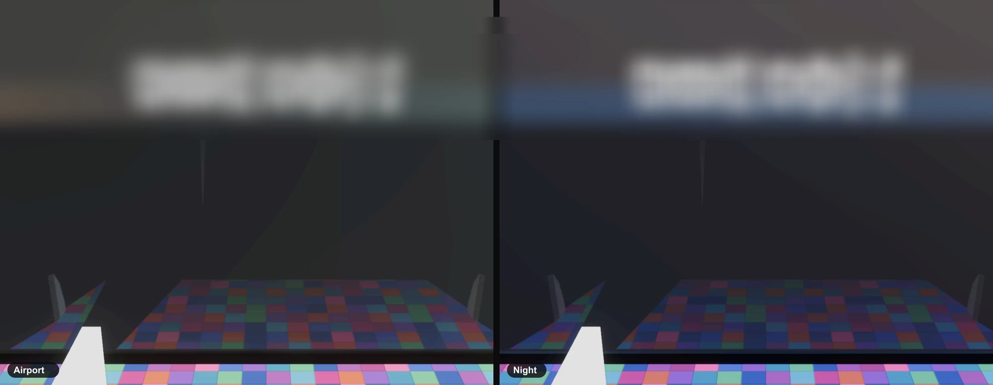 Side-by-side of the same 3D room under the Airport and Night HDRI presets, showing different ambient color.