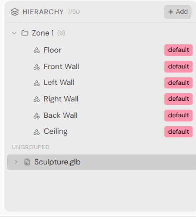 Hierarchy panel showing Zone 1 with Floor and walls, each with a material badge, and an ungrouped model.