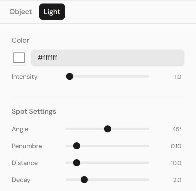 Light tab with a color field, an Intensity slider, and Spot Settings: Angle, Penumbra, Distance, and Decay sliders.
