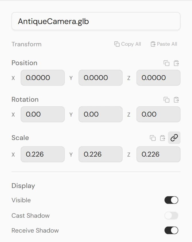 Model properties with Name, Position/Rotation/Scale, and Visible/Cast Shadow/Receive Shadow toggles.