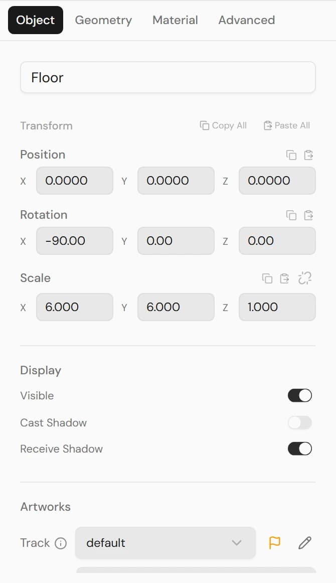 Object properties tab with Name, Position/Rotation/Scale fields, Visible/Cast Shadow/Receive Shadow toggles, and an artwork Track selector.