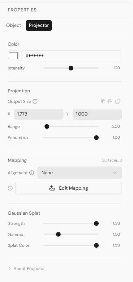 Projector tab showing Color and Intensity, a Projection section with Output Size X/Y, Range and Penumbra, a Mapping section with an Alignment pattern dropdown and an Edit Mapping button, and a Gaussian Splat section with Strength, Gamma and Splat Color sliders.