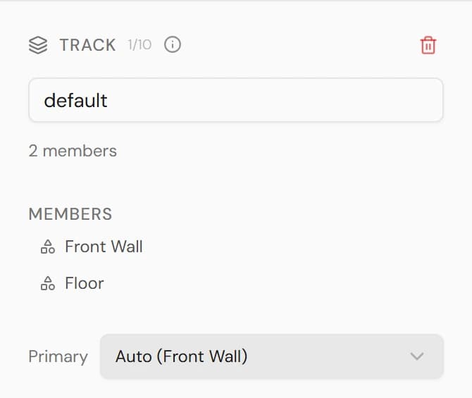 Track panel showing the track name, a members list, a Primary selector, and a delete button.