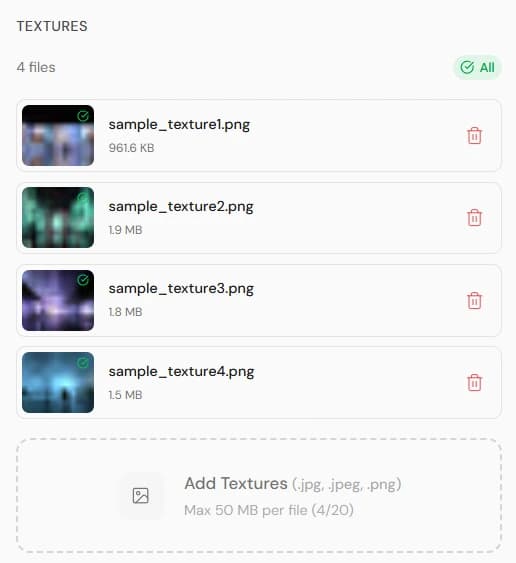 Textures tab listing texture images with thumbnails, file sizes, and delete buttons, plus an Add Textures drop area.