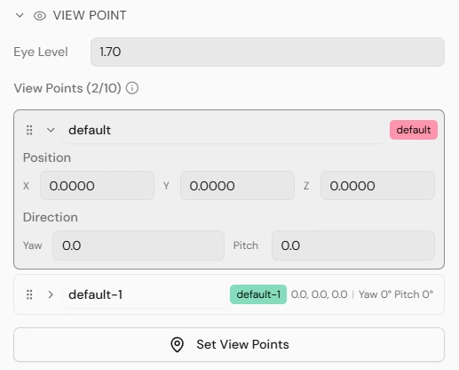 View Point section with an Eye Level field, a viewpoint list showing Track badges, Position X/Y/Z and Yaw/Pitch fields for the selected viewpoint, and a Set View Points button.